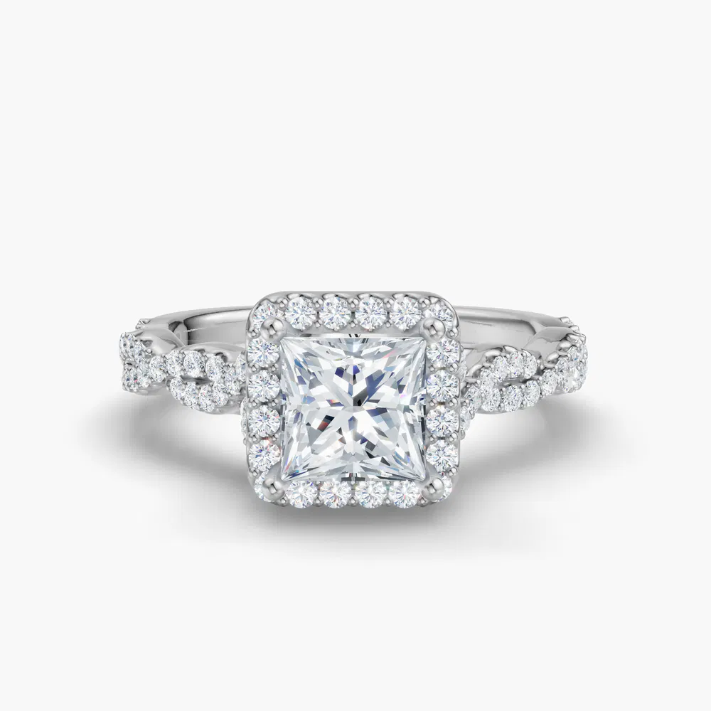Certified 1 carat Lab Grown Diamond Princess Cut Halo, Pavé, Twist Engagement Ring in 14K White Gold-Meraki