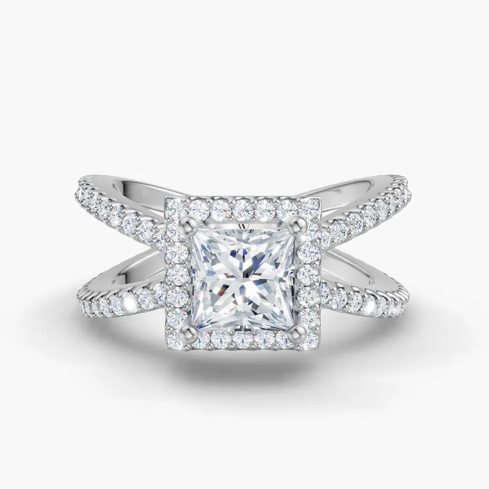 Certified 1 carat Lab Grown Diamond Princess Cut Pavé, Halo, Split Shank Engagement Ring in 14K White Gold-Xylius