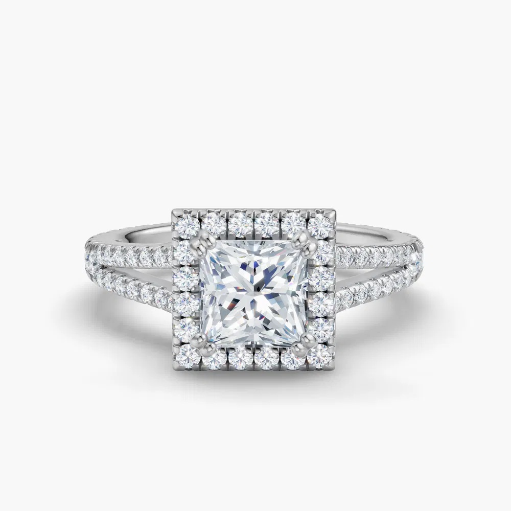 Certified 1 carat Lab Grown Diamond Princess Cut Pavé, Halo, Cathedral Engagement Ring in 14K White Gold-Gexis