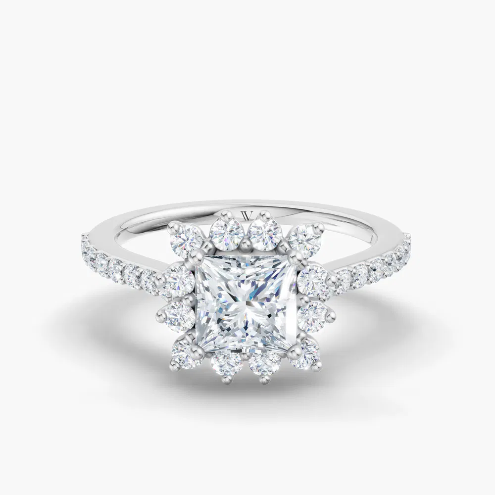 Certified 1 carat Lab Grown Diamond Princess Cut Pavé, Halo, Floral Engagement Ring in 14K White Gold-Elite Juniper