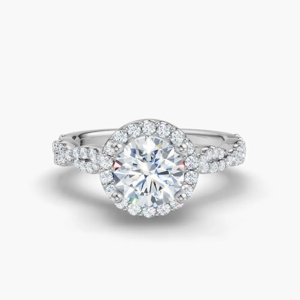 Certified 1 carat Lab Grown Diamond Round Cut Halo, Pavé, Twist Engagement Ring in 14K White Gold-Meraki