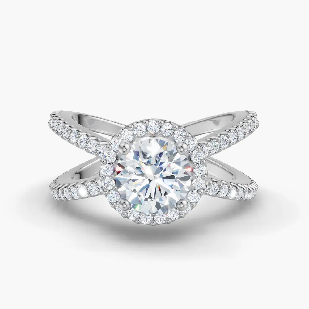 Xylius 1 carat Lab Grown Diamond Round Cut Halo, Pavé, Split Shank Engagement Ring in 14K White Gold