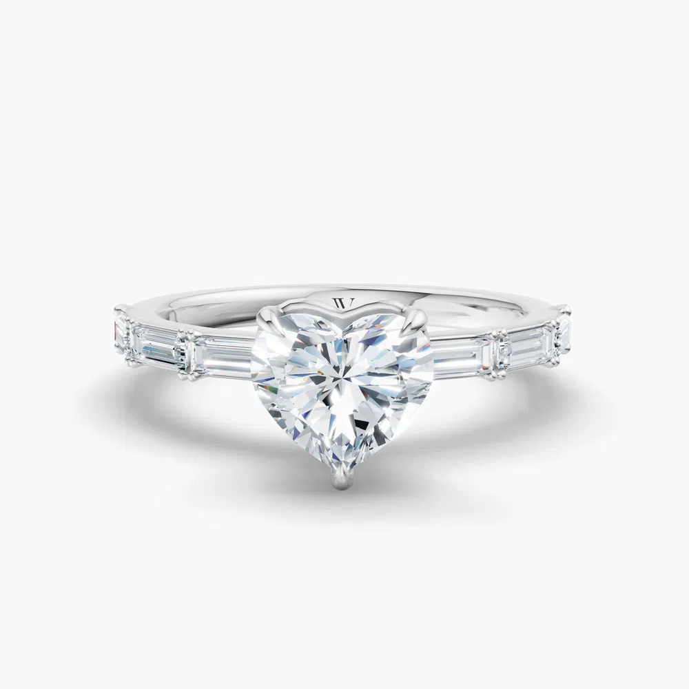 Lunark 1 carat Lab Grown Diamond Heart Cut Side Stone, Baguette Engagement Ring in 14K White Gold