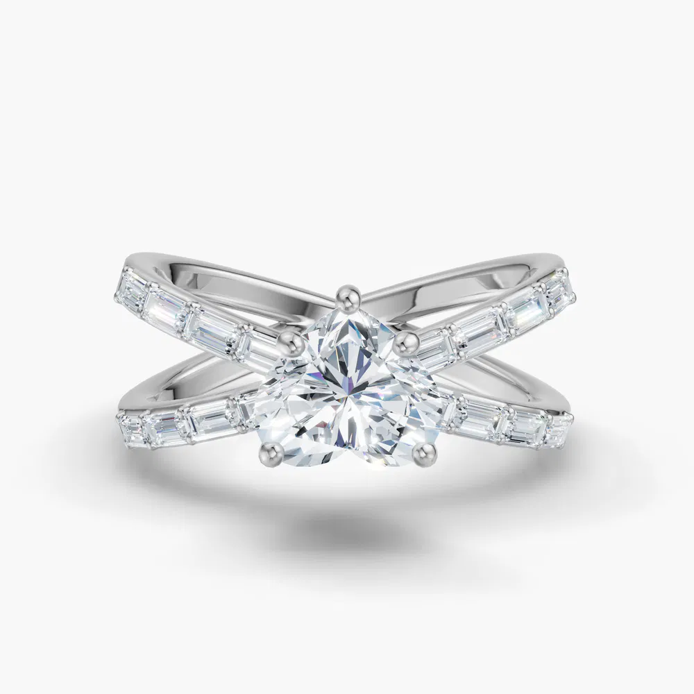 Luminara 1 carat Lab Grown Diamond Heart Cut Side Stone, Baguette, Unique Engagement Ring in 14K White Gold