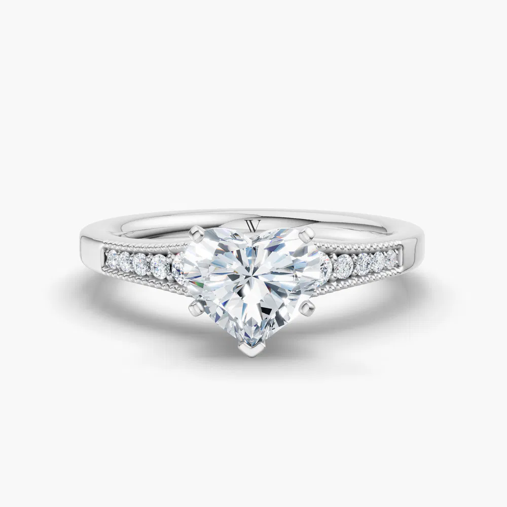 Rosca 1 carat Lab Grown Diamond Heart Cut Side Stone, Milgrain, Pavé Engagement Ring in 14K White Gold