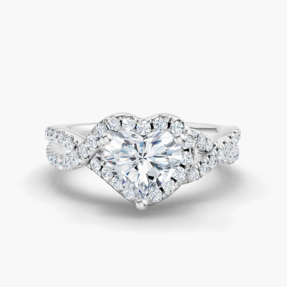 Stellune 1 carat Lab Grown Diamond Heart Cut Unique, Halo, Pavé Engagement Ring in 14K White Gold
