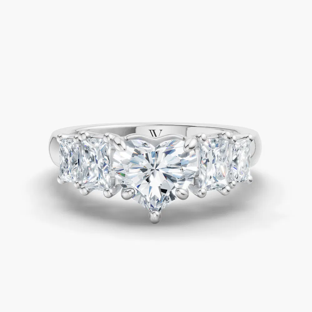 Velaris 1 carat Lab Grown Diamond Heart Cut Side Stone, Five Stone Engagement Ring in 14K White Gold