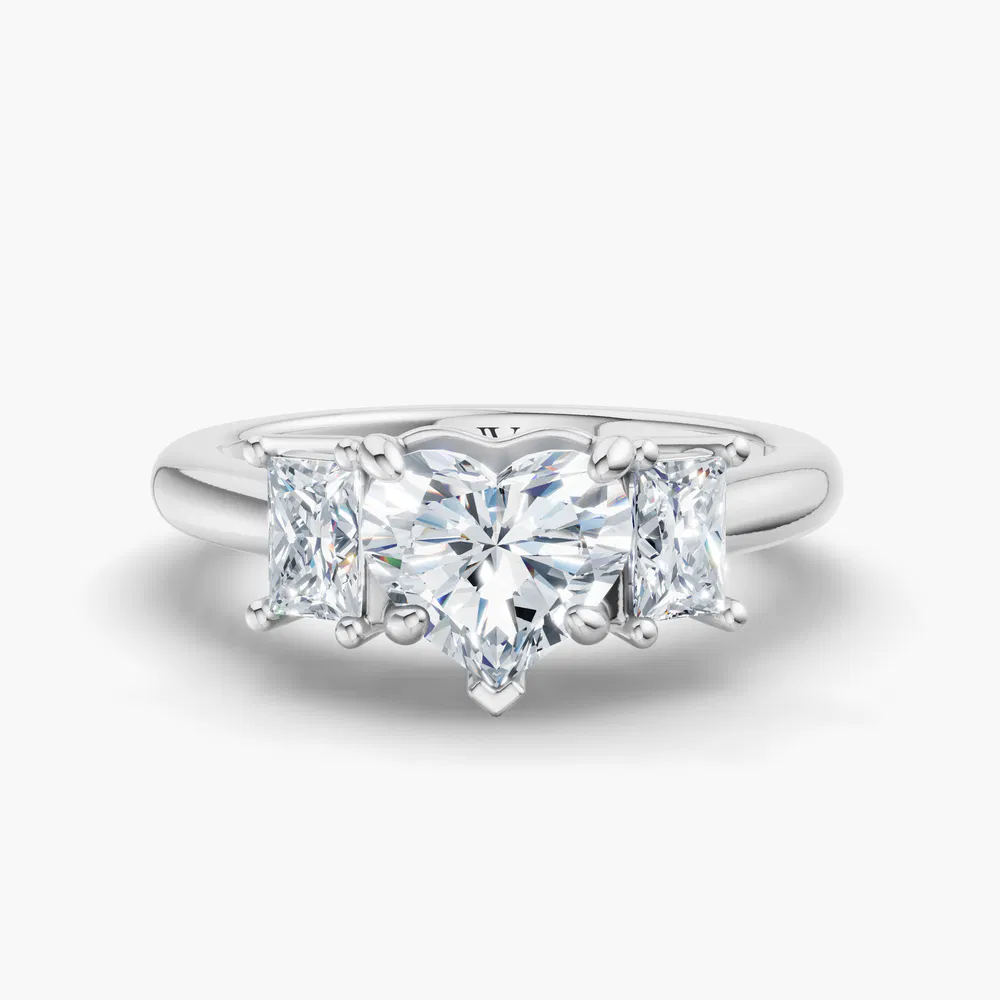 Dravon 1 carat Lab Grown Diamond Heart Cut Three Stone, Side Stone Engagement Ring in 14K White Gold