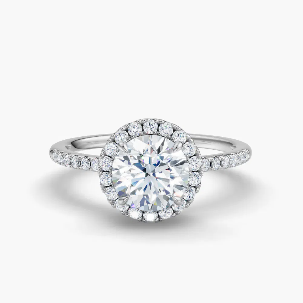 Elite Vaelumette 1 carat Lab Grown Diamond Round Cut Low profile, Halo, Pavé Engagement Ring in 14K White Gold
