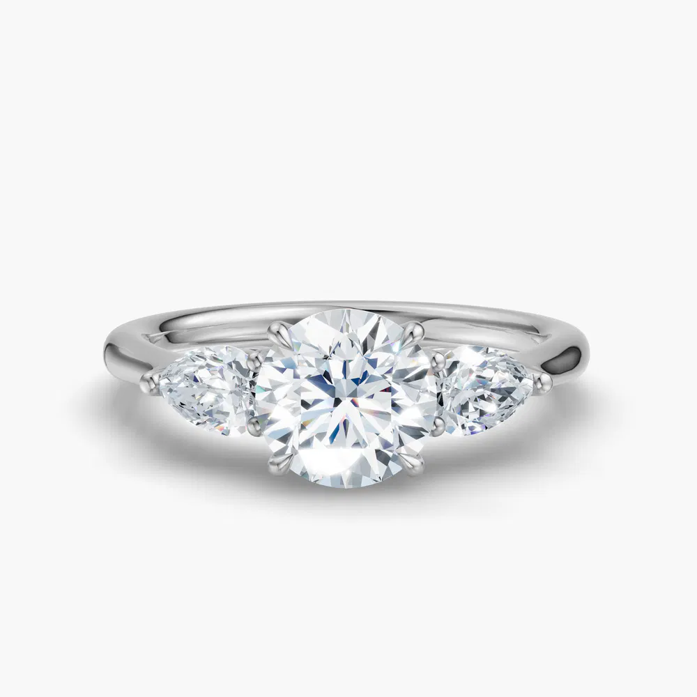Hailu 1 carat Lab Grown Diamond Round Cut Low profile, Three Stone, Side Stone Engagement Ring in 14K White Gold