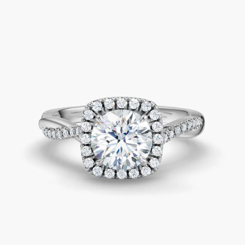 Itic 1 carat Lab Grown Diamond Round Cut Low profile, Halo, Twist Engagement Ring in 14K White Gold