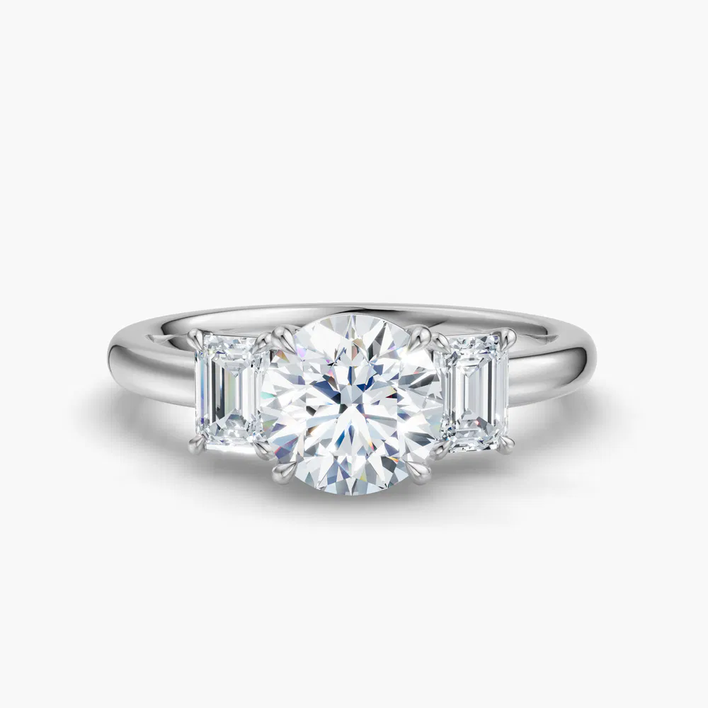 Nectarl 1 carat Lab Grown Diamond Round Cut Low profile, Three Stone, Side Stone Engagement Ring in 14K White Gold