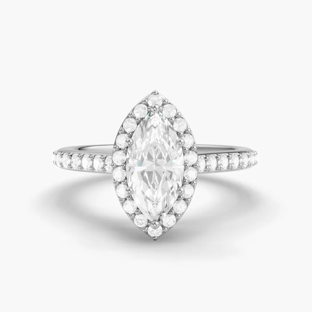 Kvolt 1 carat Lab Grown Diamond Marquise Cut Halo, Pavé, Cathedral Engagement Ring in 14K White Gold