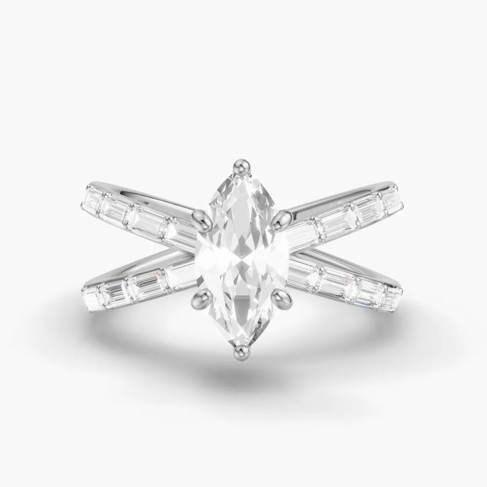 Luminara 1 carat Lab Grown Diamond Marquise Cut Side Stone, Baguette, Unique Engagement Ring in 14K White Gold