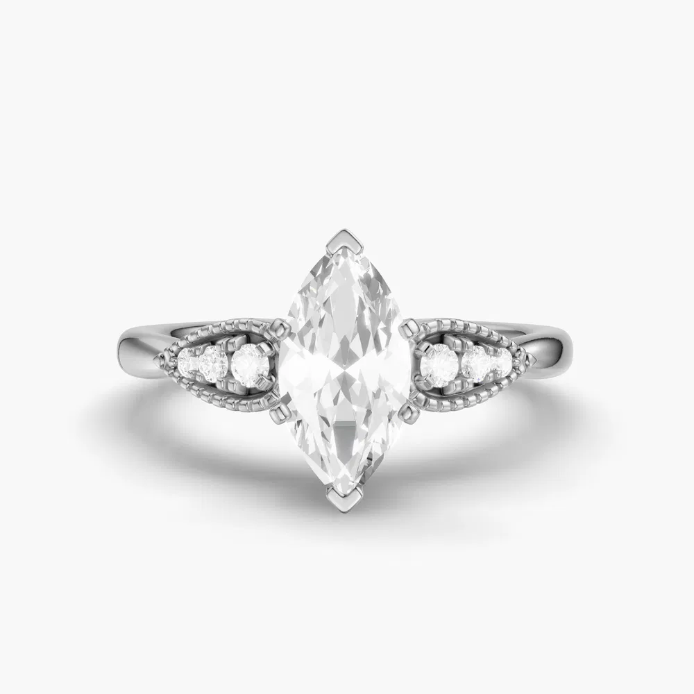 Yerlin 1 carat Lab Grown Diamond Marquise Cut Side Stone, Vintage, Milgrain Engagement Ring in 14K White Gold