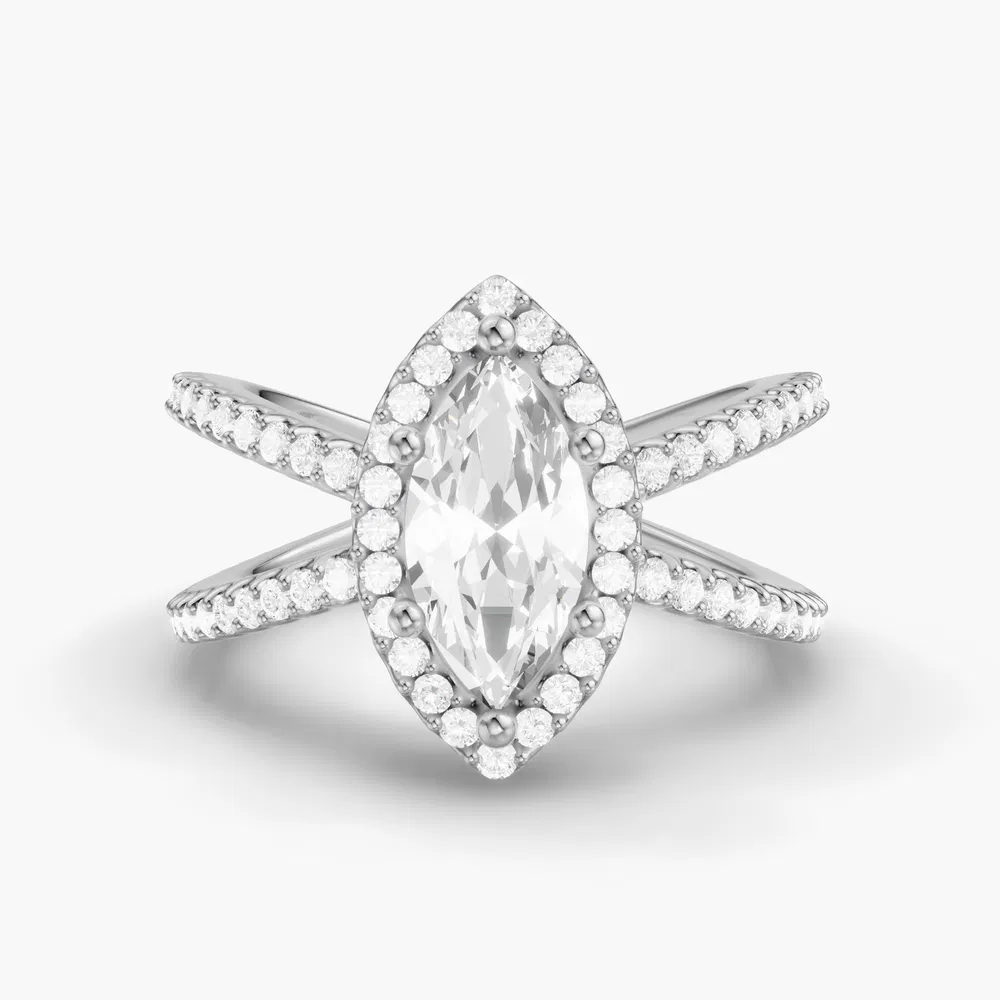 Xylius 1 carat Lab Grown Diamond Marquise Cut Halo, Pavé, Split Shank Engagement Ring in 14K White Gold