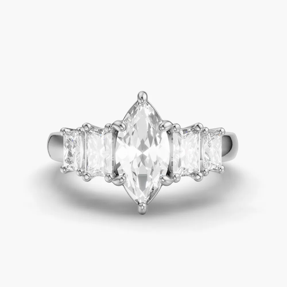 Velaris 1 carat Lab Grown Diamond Marquise Cut Side Stone, Five Stone Engagement Ring in 14K White Gold