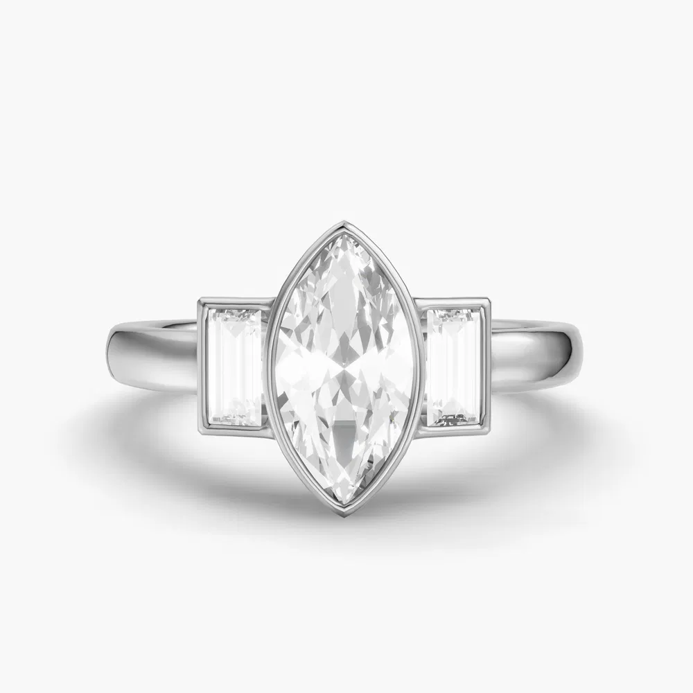 Kine 1 carat Lab Grown Diamond Marquise Cut Side Stone, Three Stone, Bezel Engagement Ring in 14K White Gold