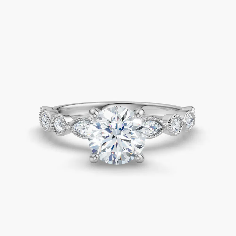 Sior 1 carat Lab Grown Diamond Round Cut Milgrain, Side Stone, Vintage Engagement Ring in 14K White Gold