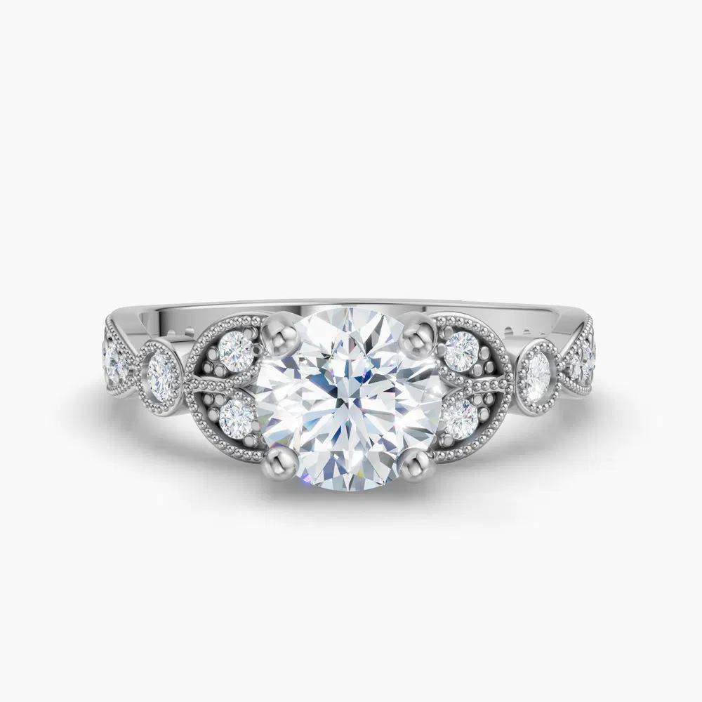 Certified 1 carat Lab Grown Diamond Round Cut Milgrain, Vintage, Side Stone Engagement Ring in 14K White Gold-Skye