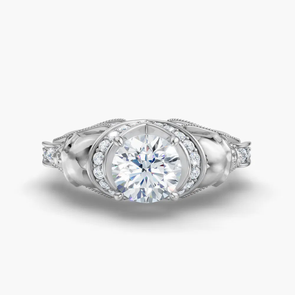 Certified 1 carat Lab Grown Diamond Round Cut Gothic, Milgrain, Side Stone Engagement Ring in 14K White Gold-Coralie