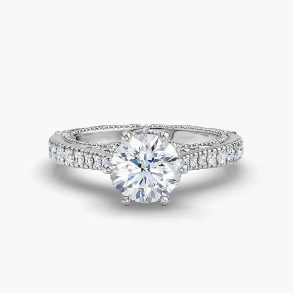 Certified 1 carat Lab Grown Diamond Round Cut Milgrain, Filigree, Nature inspired Engagement Ring in 14K White Gold-Vespera