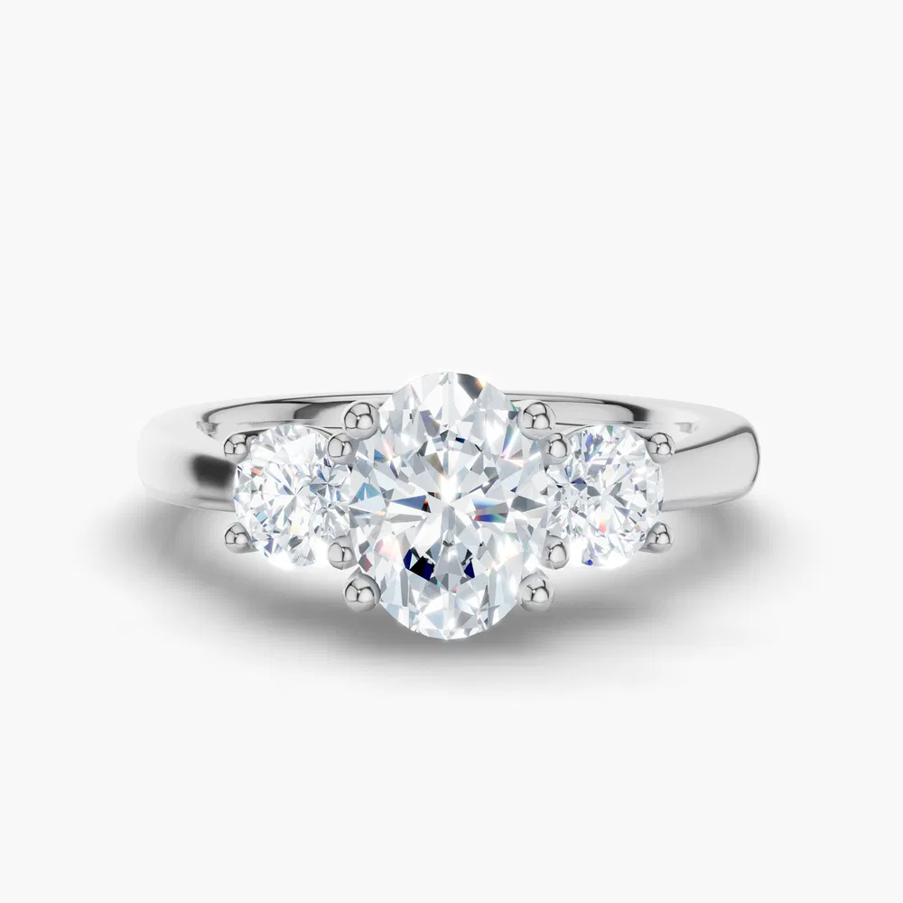 Certified 1 carat Lab Grown Diamond Oval Cut Three Stone, Side Stone, Low profile Engagement Ring in 14K White Gold-Valeri