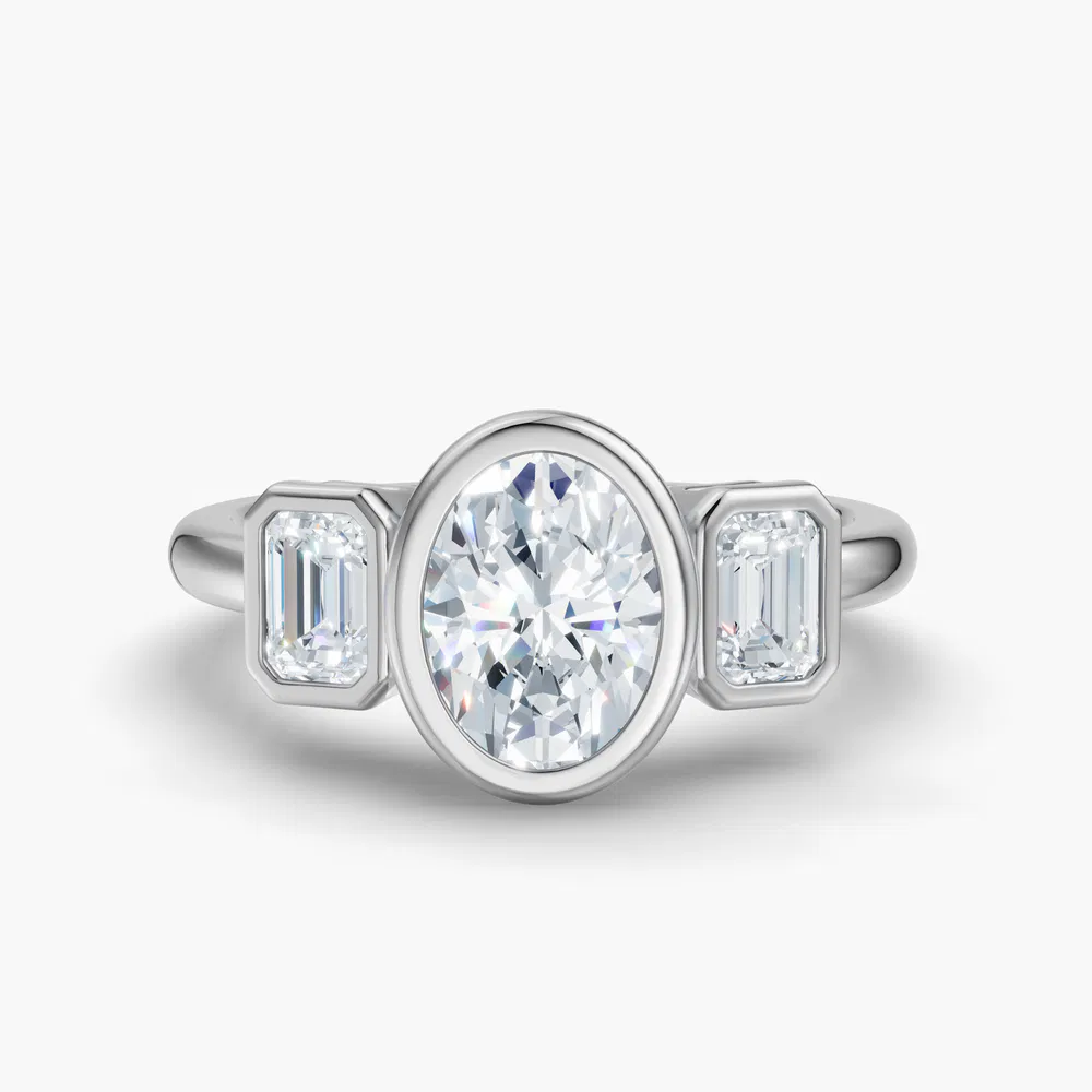 Certified 1 carat Lab Grown Diamond Oval Cut Three Stone, Bezel, Low profile Engagement Ring in 14K White Gold-Elix