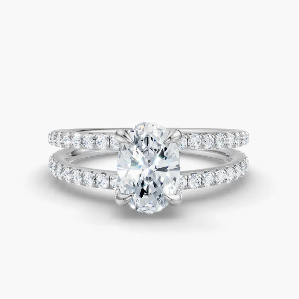 Certified 1 carat Lab Grown Diamond Oval Cut Pavé, Split Shank, Hidden Halo Engagement Ring in 14K White Gold-Soren