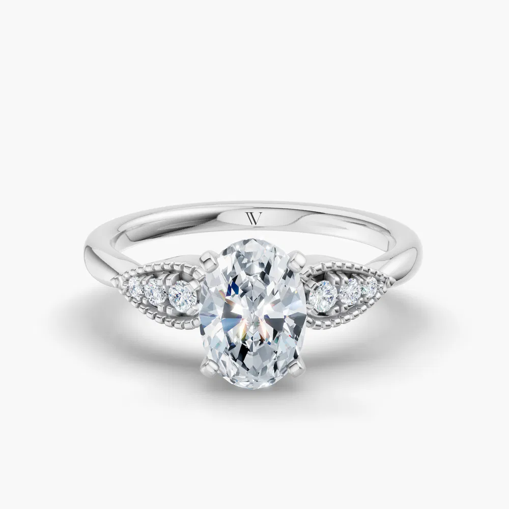 Certified 1 carat Lab Grown Diamond Oval Cut Milgrain, Vintage, Side Stone Engagement Ring in 14K White Gold-Yerlin