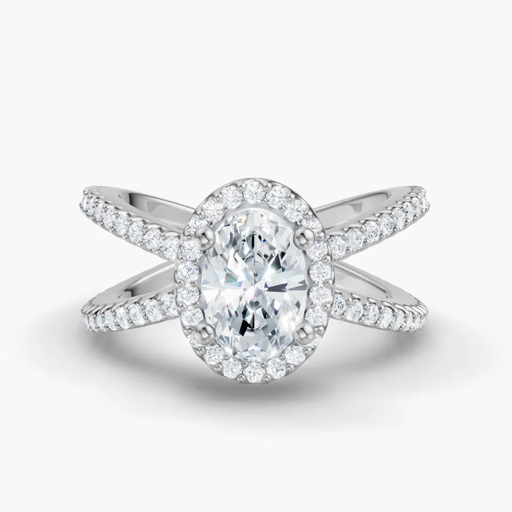 Certified 1 carat Lab Grown Diamond Oval Cut Pavé, Halo, Split Shank Engagement Ring in 14K White Gold-Xylius