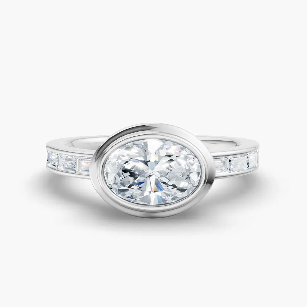 Certified 1 carat Lab Grown Diamond Oval Cut Bezel, Channel Set, Art Deco Engagement Ring in 14K White Gold-Celeste