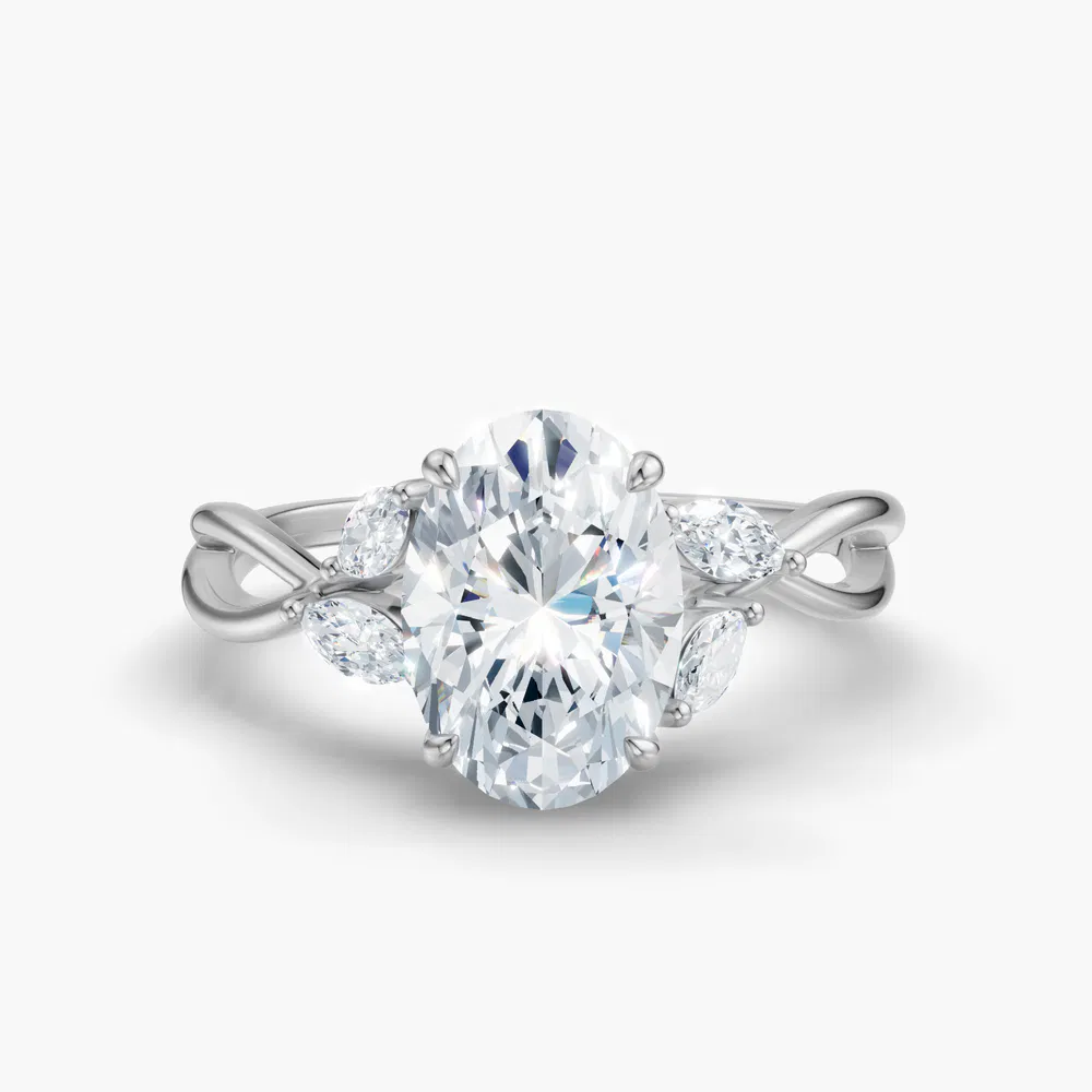 Certified 1 carat Lab Grown Diamond Oval Cut Twist, Split Shank, Side Stone Engagement Ring in 14K White Gold-Mena