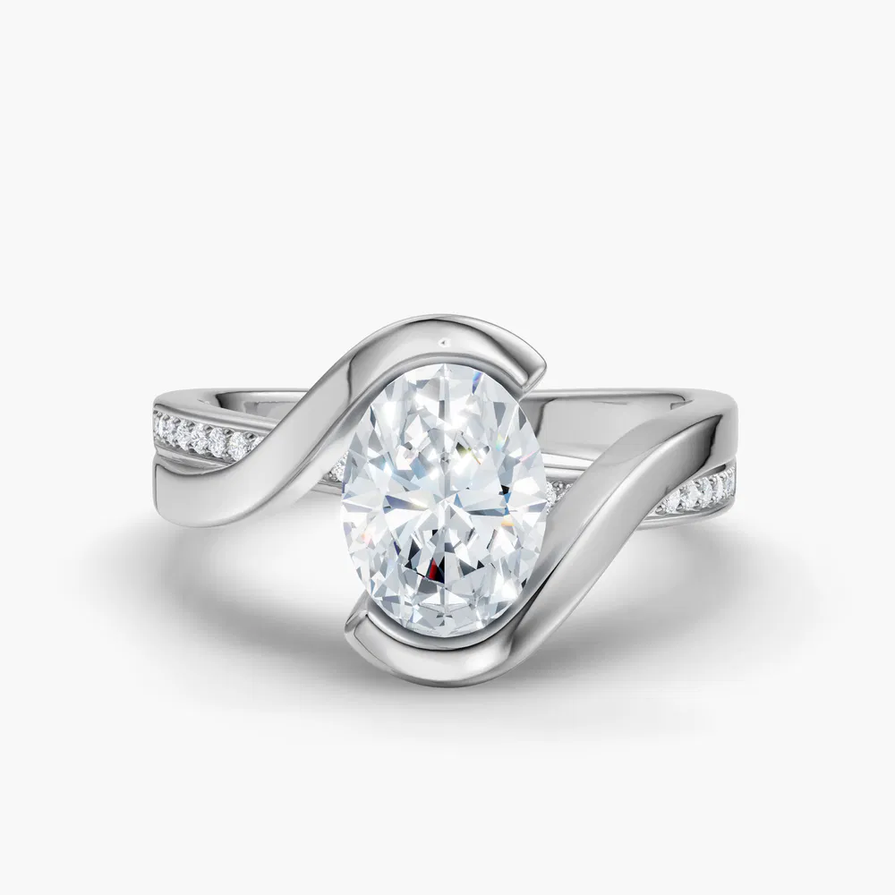 Certified 1 carat Lab Grown Diamond Oval Cut Bezel, Modern, Split Shank Engagement Ring in 14K White Gold-Elara
