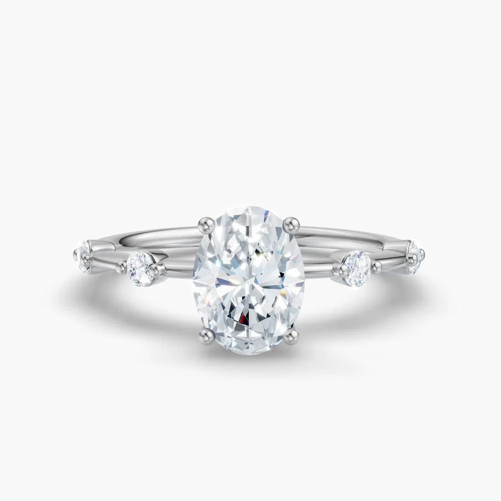 Certified 2 carat Lab Grown Diamond Oval Cut Low profile, Side Stone Engagement Ring in 14K White Gold-Hriw