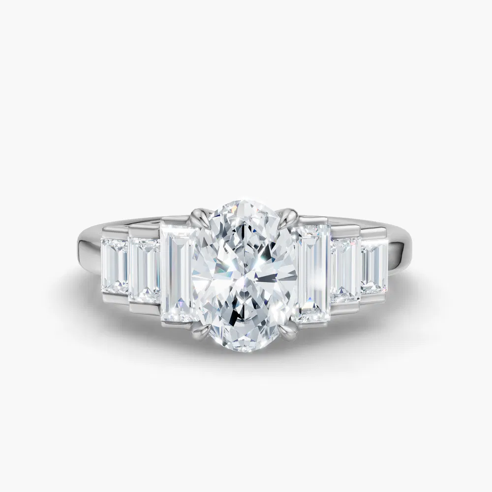 Certified 2 carat Lab Grown Diamond Oval Cut Baguette, Art Deco, Side Stone Engagement Ring in 14K White Gold-Zepy