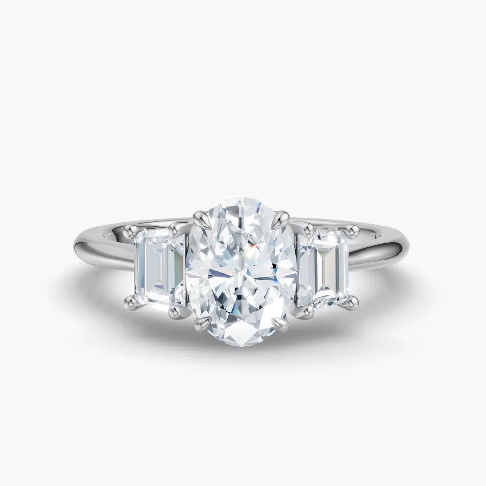 Certified 2 carat Lab Grown Diamond Oval Cut Three Stone, Side Stone, Low profile Engagement Ring in 14K White Gold-Cygnus