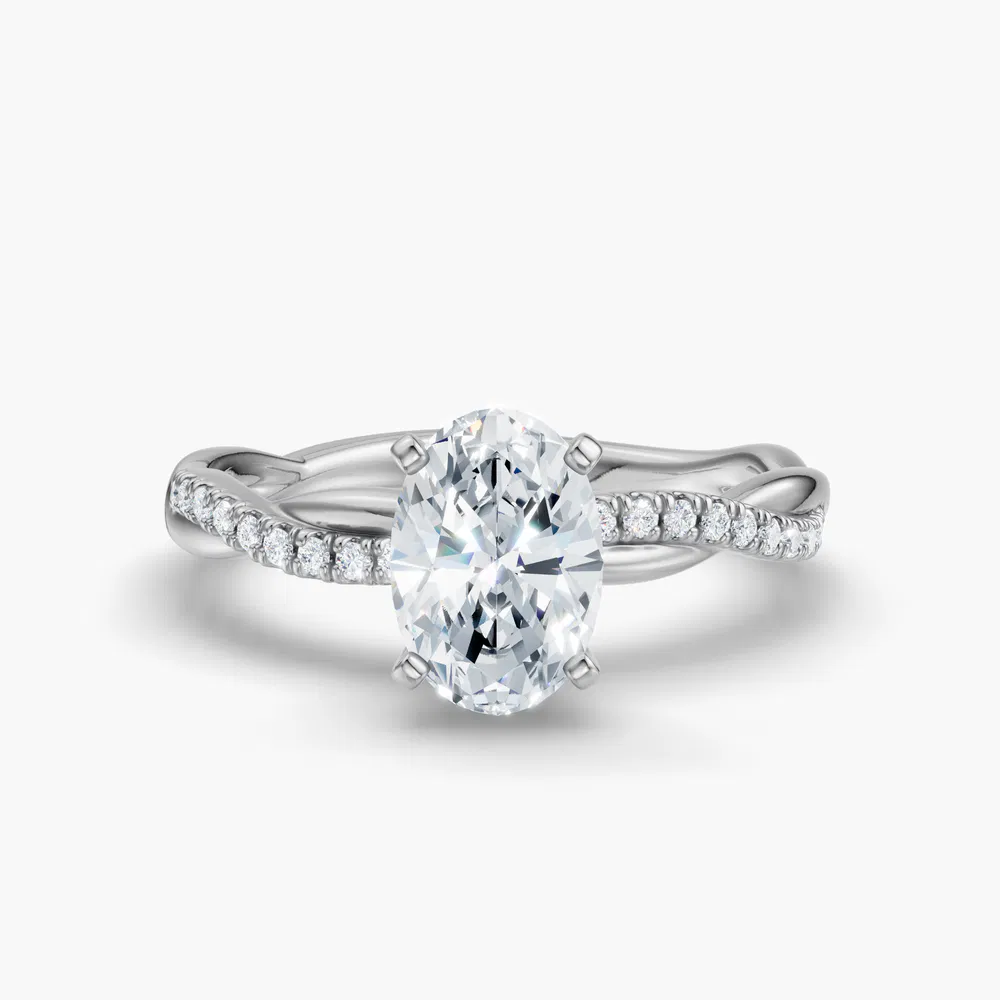 Certified 2 carat Lab Grown Diamond Oval Cut Pavé, Twist, Infinity Engagement Ring in 14K White Gold-Obliq