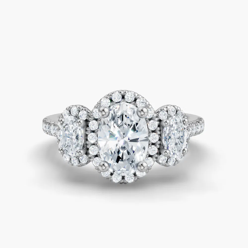 Certified 2 carat Lab Grown Diamond Oval Cut Pavé, Three Stone, Halo Engagement Ring in 14K White Gold-Norell