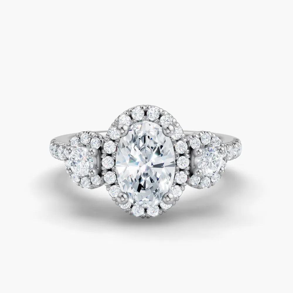 Certified 2 carat Lab Grown Diamond Oval Cut Three Stone, Halo, Hidden Halo Engagement Ring in 14K White Gold-Hylor