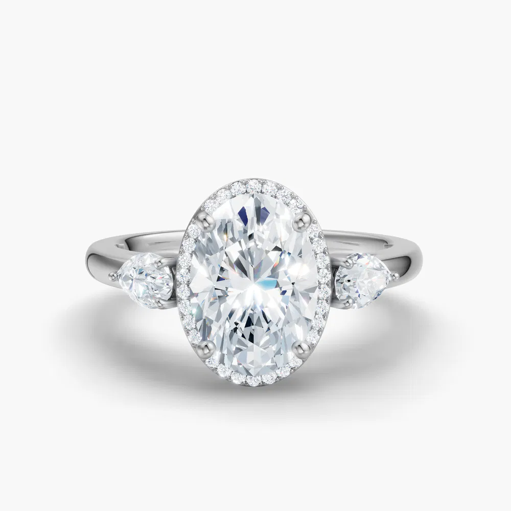 Certified 2 carat Lab Grown Diamond Oval Cut Halo, Cathedral, Three Stone Engagement Ring in 14K White Gold-Daren