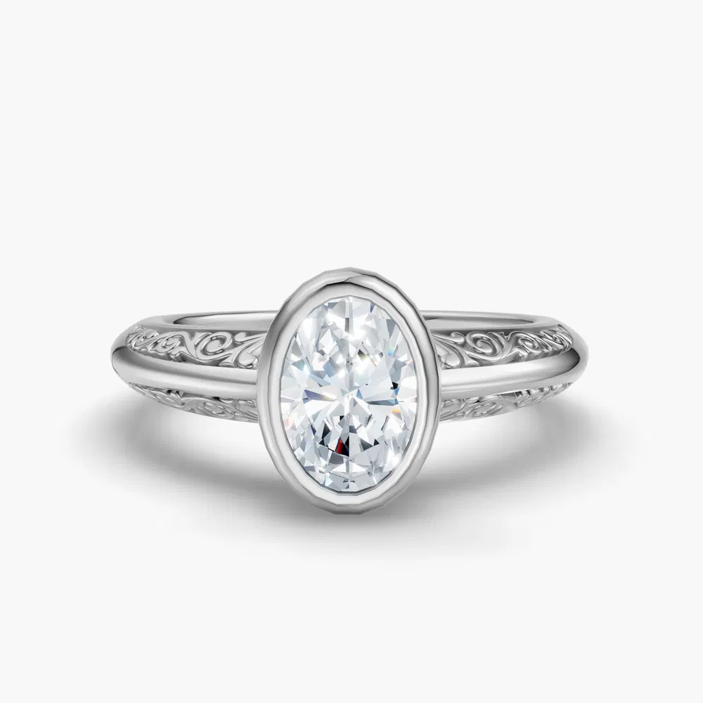 Certified 2 carat Lab Grown Diamond Oval Cut Solitaire, Vintage, Bezel Engagement Ring in 14K White Gold-Veyra
