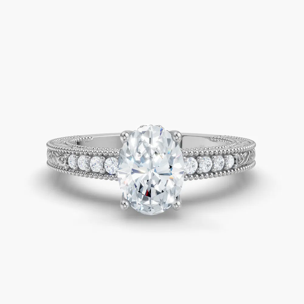 Certified 2 carat Lab Grown Diamond Oval Cut Vintage, Milgrain, Side Stone Engagement Ring in 14K White Gold-Meren