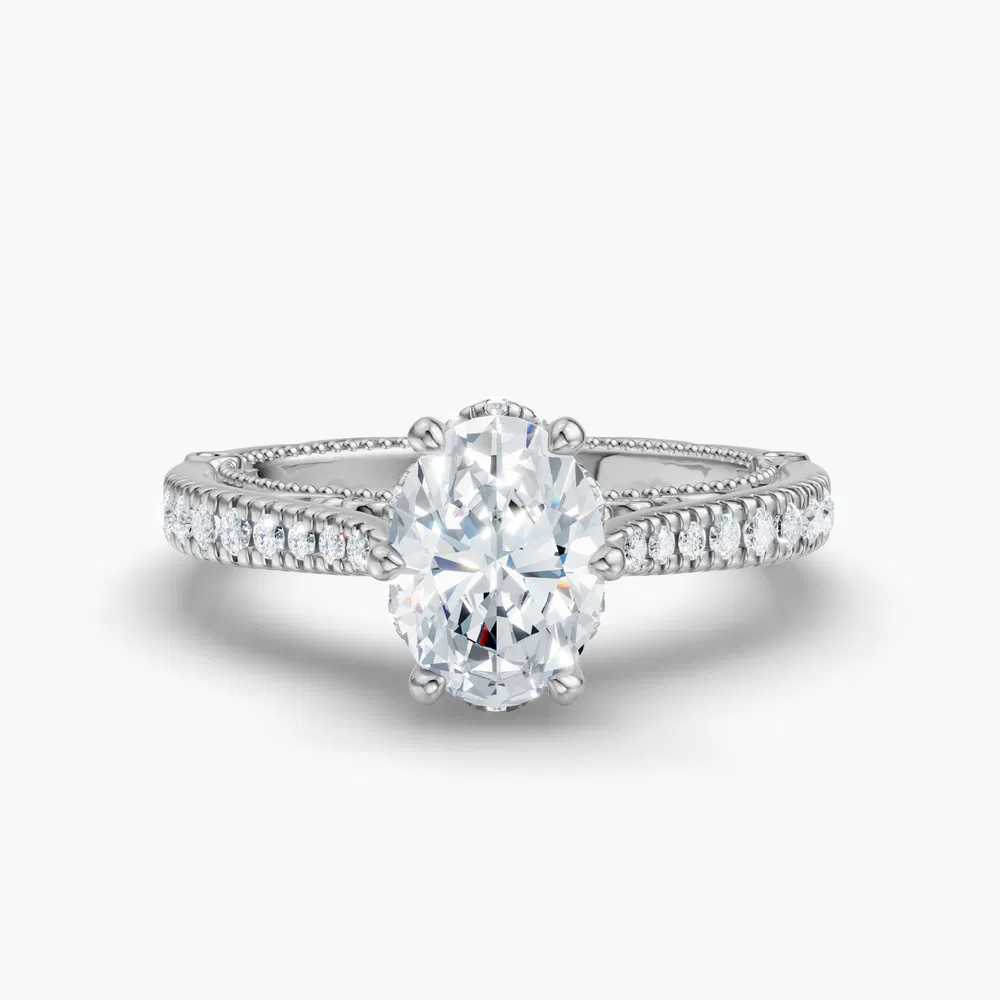 Certified 2 carat Lab Grown Diamond Oval Cut Milgrain, Filigree, Nature inspired Engagement Ring in 14K White Gold-Vespera