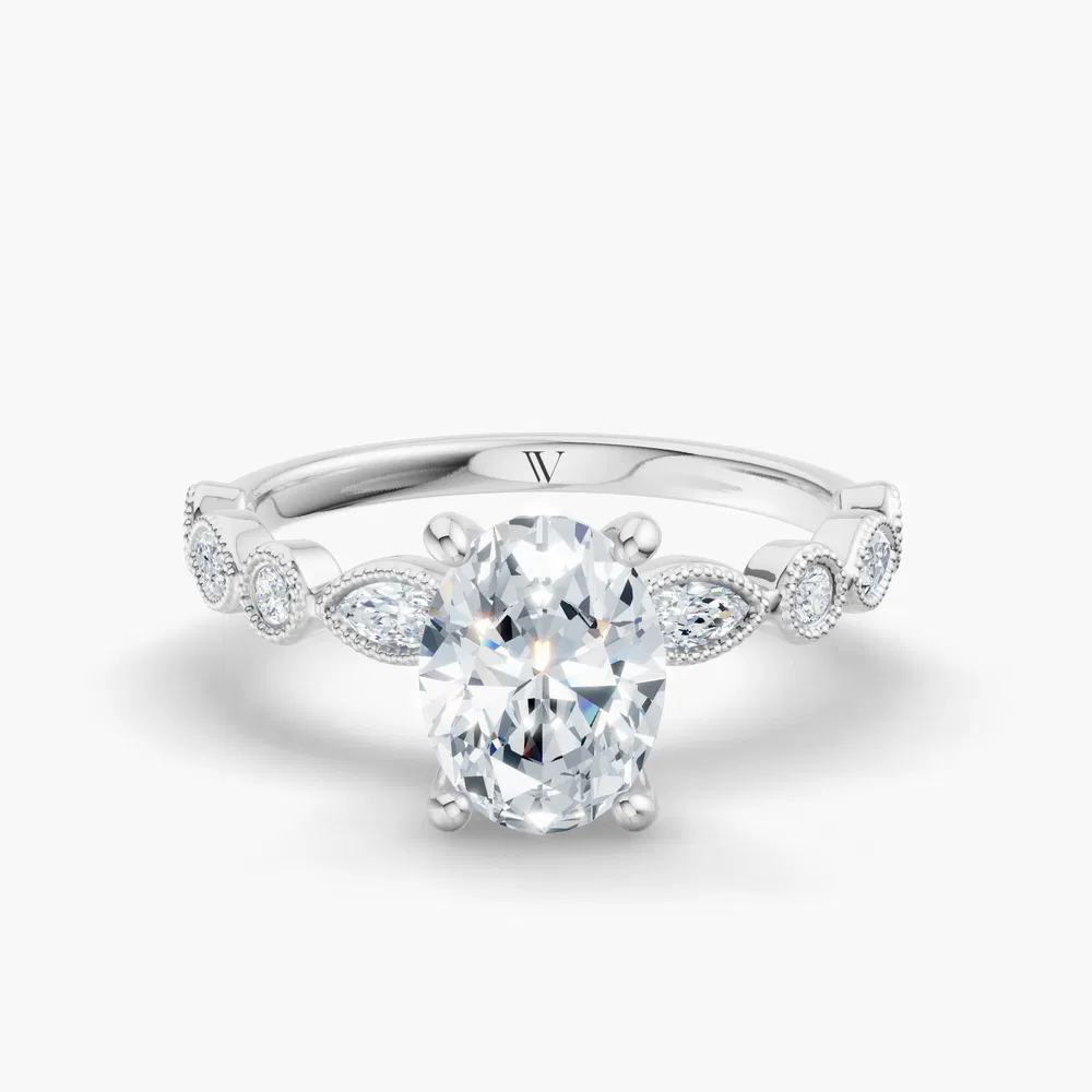 Certified 3 carat Lab Grown Diamond Oval Cut Vintage, Milgrain, Side Stone Engagement Ring in 14K White Gold-Sior