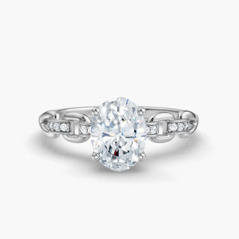 Certified 5 carat Lab Grown Diamond Oval Cut Twist, Unique, Side Stone Engagement Ring in 14K White Gold-Perenne
