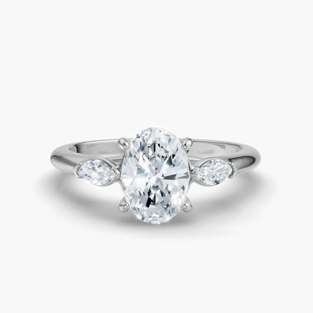 Glow 1 carat Lab Grown Diamond Oval Cut Side Stone, Three Stone Engagement Ring in 14K White Gold