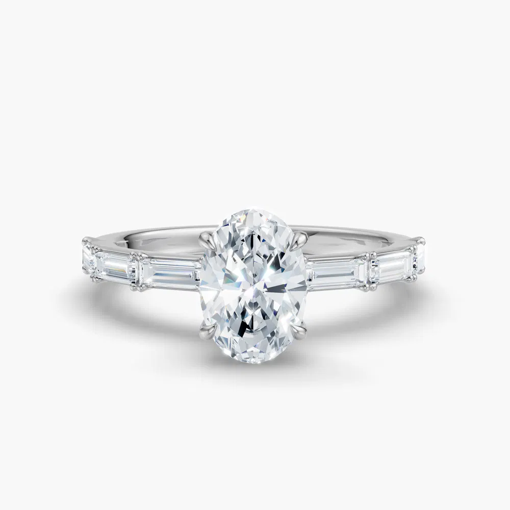 Lunark 1 carat Lab Grown Diamond Oval Cut Side Stone, Baguette Engagement Ring in 14K White Gold