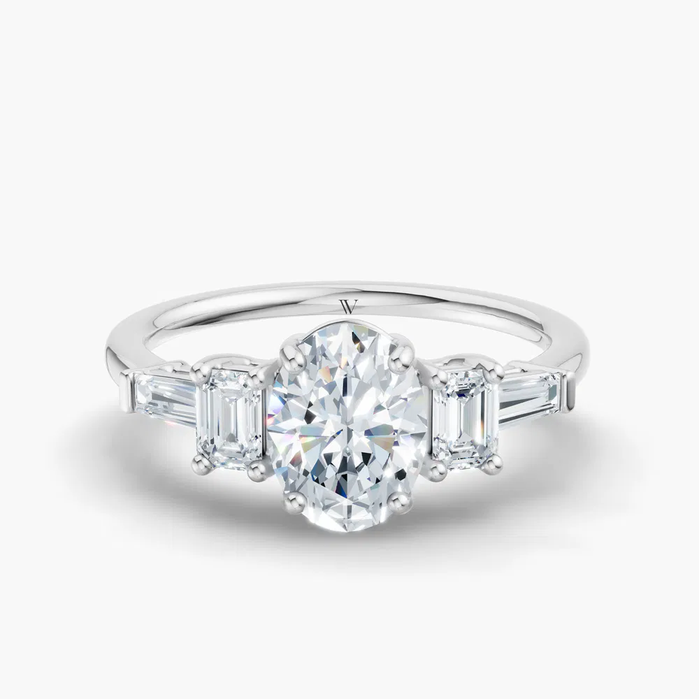 Olume 1 carat Lab Grown Diamond Oval Cut Baguette, Five Stone, Low profile Engagement Ring in 14K White Gold