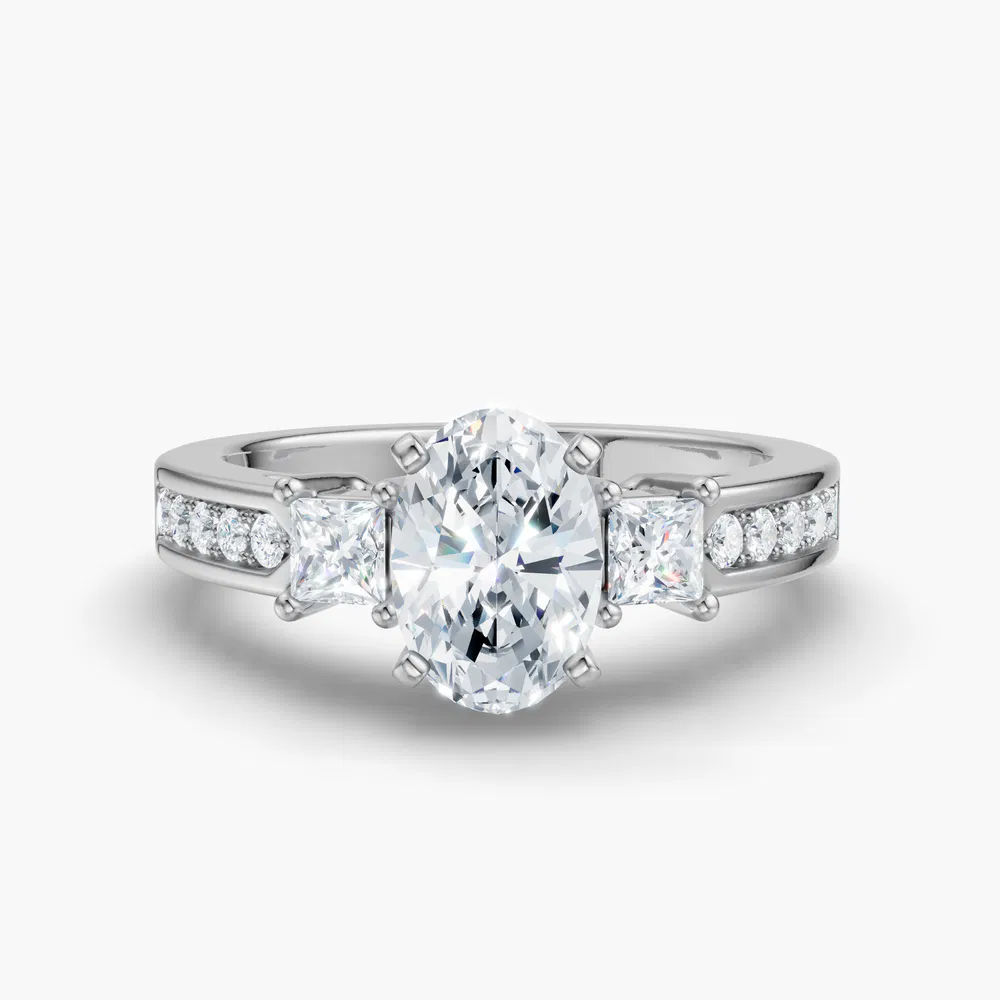 Velis 1 carat Lab Grown Diamond Oval Cut Side Stone, Three Stone, Pavé Engagement Ring in 14K White Gold